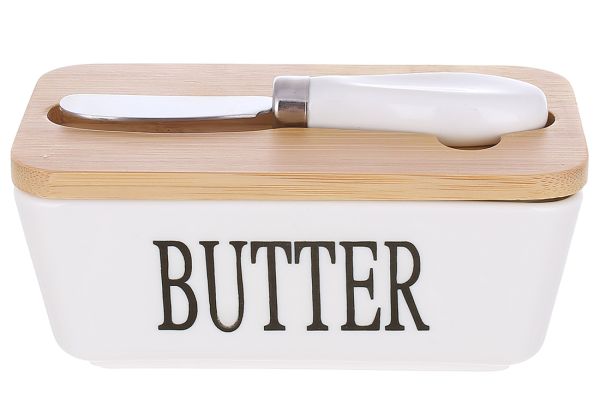Масленка фарфоровая с бамбуковой крышкой и ножом для масла Butter (15*8.5*7.5см) (289-419)