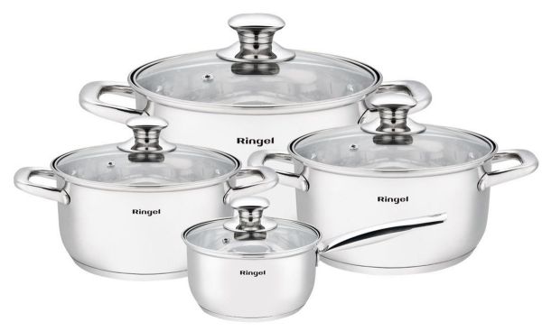 Набор посуды RINGEL Grey line 8 предметов (ковш 1.6 л + кастрюли 2.3 + 3.2 + 5.5 л) (RG-6009)